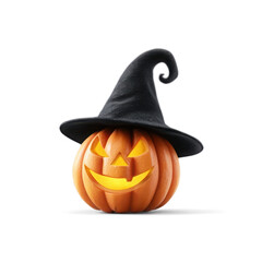 A single carved pumpkin with a glowing face wears a black witch hat embodying the spirit of halloween isolated on transparent
