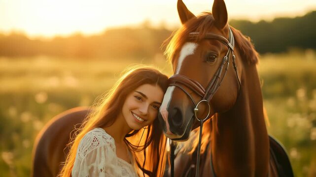 Golden hour portrait of a smiling woman with long brown hair and a chestnut horse in a field