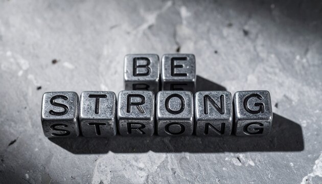 Motivational message of 'Be Strong' spelled out with metallic dice on a textured grey surface, perfect for inspiring quotes and uplifting designs