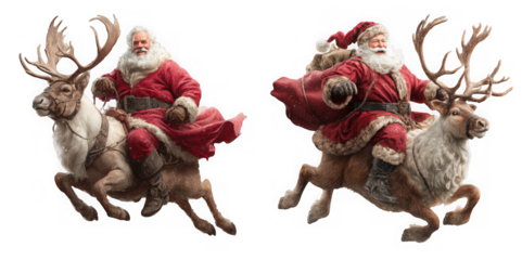 Santa claus riding a reindeer isolated on transparent background, a vintage christmas illustration with festive magic and traditional charm