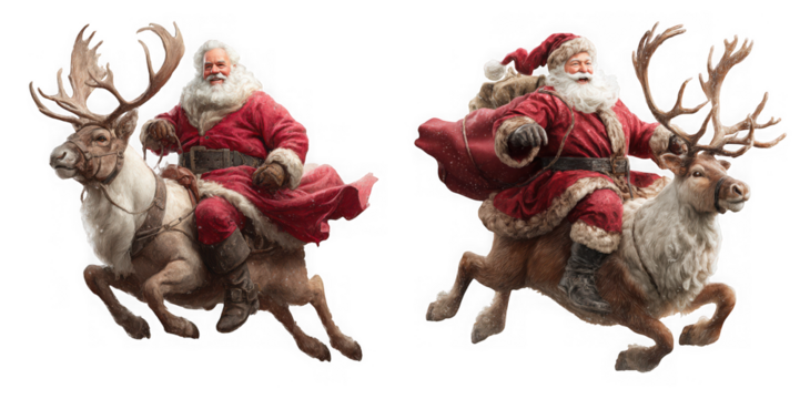 Santa claus riding a reindeer isolated on transparent background, a vintage christmas illustration with festive magic and traditional charm