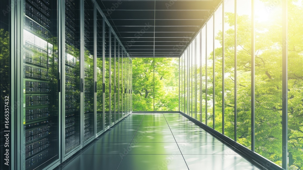 Poster modern data center with server racks and glass walls overlooking trees in sunlight, symbolizing clou