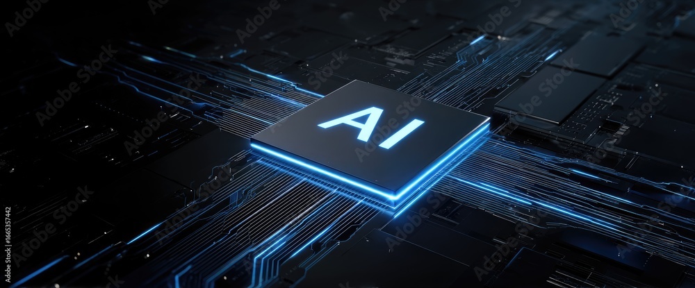 Poster futuristic ai chip glowing on circuit board symbolizing artificial intelligence, computing power and