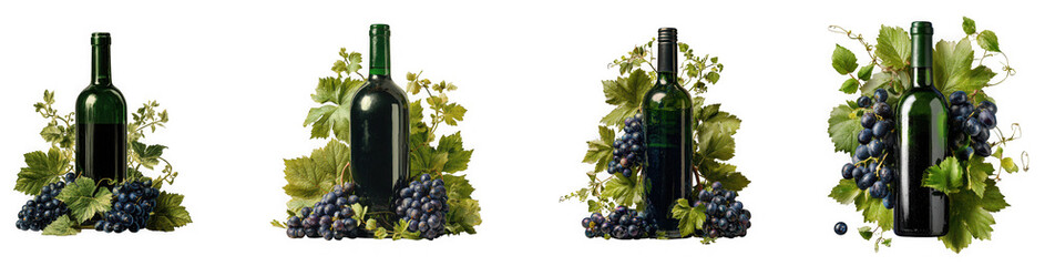 Four wine bottles with grapes and leaves, showcasing the beauty of vineyards and the art of winemaking isolated on transparent background