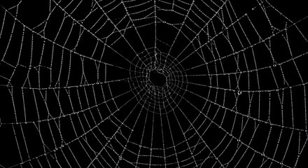 Detailed Spiderweb Covered in Dew Drops Against a Black Background, Halloween Theme