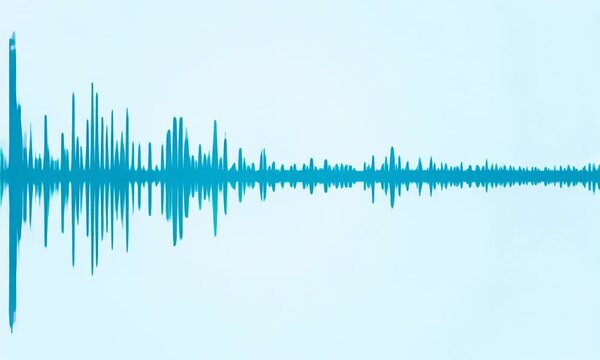 Dynamic audio waveform visualizes sound frequencies. Digital sound wave animation moves across light background.