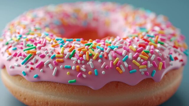 Ultra colorful process food donut with pink icing and rainbow sprinkles, classic junk dessert with sweet tempting style, ultra junk food appeal