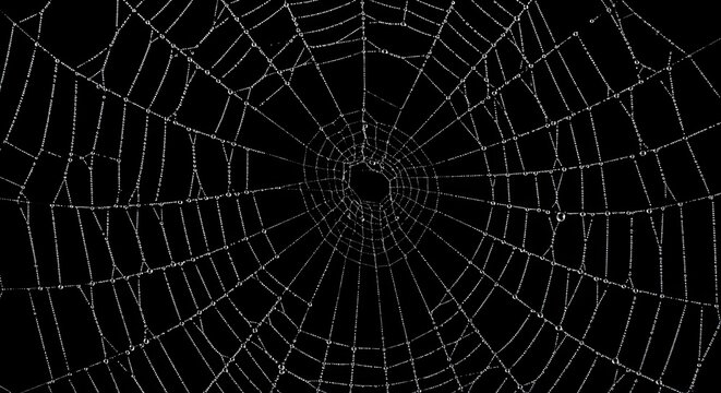 Detailed Spiderweb Covered in Dew Drops Against a Black Background, Halloween Theme