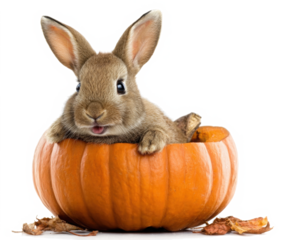 Rabbit pumpkin jack o lantern autumn leaves cute animal Halloween orange festive isolated joyful playful seasonal celebration fall nature outdoors cheerful pet