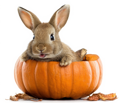 Rabbit pumpkin jack o lantern autumn leaves cute animal Halloween orange festive isolated joyful playful seasonal celebration fall nature outdoors cheerful pet
