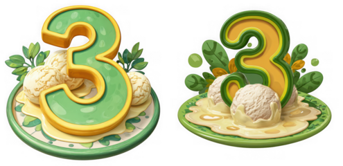 Two illustrations of the number three with ice cream dessert isolated on transparent background, creating a cute and decorative design for celebration