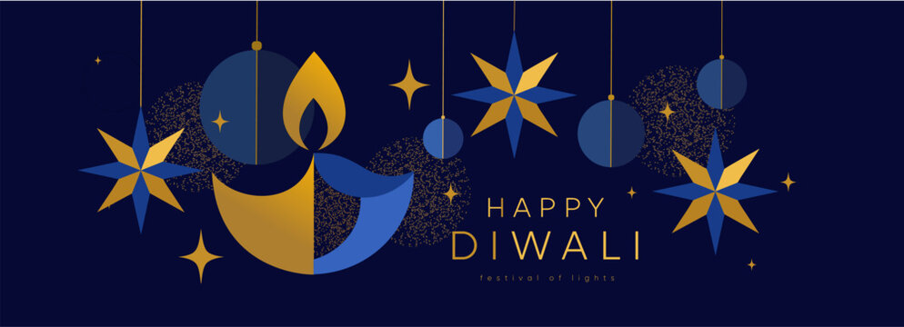 Happy Diwali. Indian festival of lights. Vector minimal abstract blue and gold illustration of fire, diya lamp, shining stars for greeting card, banner, poster or background