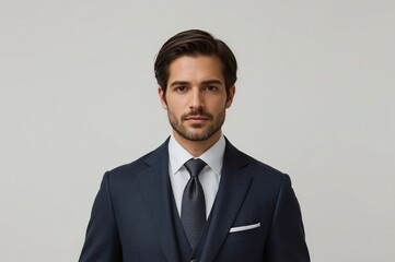 Confident man, suit portrait, studio, grey background, corporate headshot