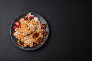 Christmas gingerbread, food for winter holidays, holiday table decoration. Christmas gingerbread