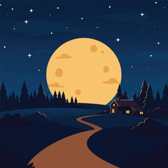 Naklejka premium Autumn night flat illustration showcasing a serene evening landscape under a crescent moon with vibrant falling leaves and subtle starry sky.