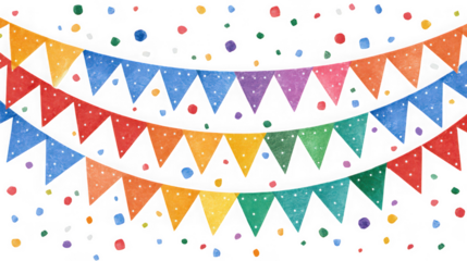 Festive watercolor bunting banner isolated on transparent background, perfect for party decorations, birthday invitations, and celebratory event designs