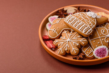 Christmas gingerbread, food for winter holidays, holiday table decoration. Christmas gingerbread