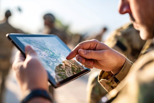 Operator using AI technology tablet to analyze data in a military setting during the day