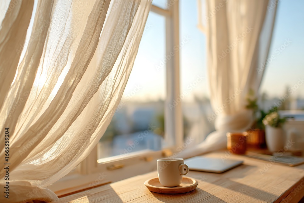 Poster beautiful minimalist workspace with sunlight streaming through open window in a cozy setting