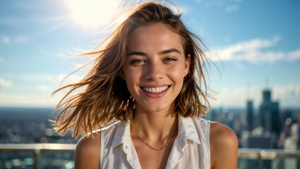 Smiling person in sleeveless white shirt and necklace on rooftop with cityscape behind. Backlit hair and clear sky evoke freedom, warmth, and urban serenity.