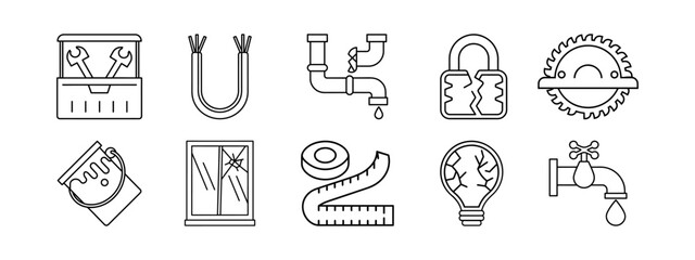 Fototapeta premium Outline icons of broken objects and repair tools. Includes cracked glass, bent nail, leaking pipe, broken padlock, measuring tape, light bulb and more.