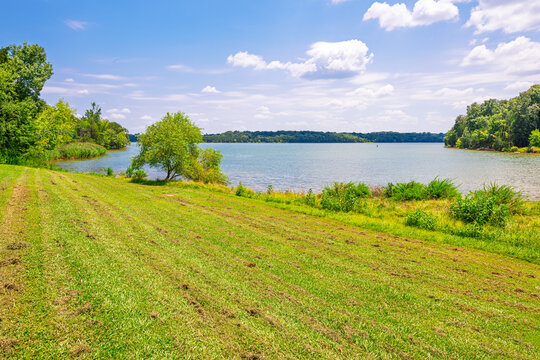 View from the lakefront Hamilton Creek Recreation Area park of J Percy Priest Lake and Reservoir along the Stones River in Nashville, Tennessee.