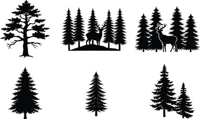 Obraz premium Vector art of diverse black pine tree silhouettes with deer and mountains, some in circles, isolated on a transparent background