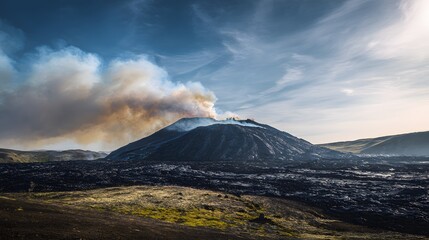 Icelandic Volcano Ground View with Smoke and Lava Fields