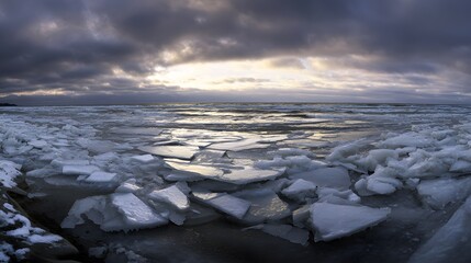 Panoramic view of frozen coast with sharp ice ridges