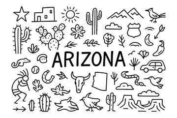 Arizona doodle art: desert icons and southwest symbols in fun hand-drawn style
