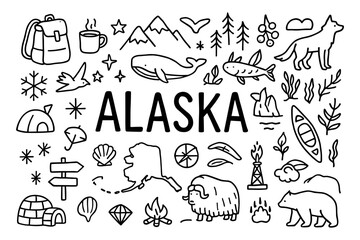 Explore alaska: adventure icons featuring wildlife and nature in minimalist line art