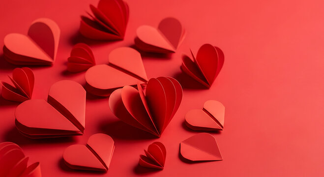 Red and pink paper hearts arranged on a solid red background
