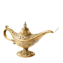 Fototapeta premium Ornate golden genie lamp with intricate details isolated on a transparent background antique
