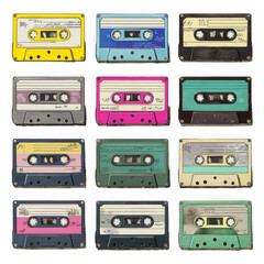 Fototapeta premium Collection of colorful retro cassette tapes, vintage audio recording media isolated on transparent background, perfect for nostalgic designs
