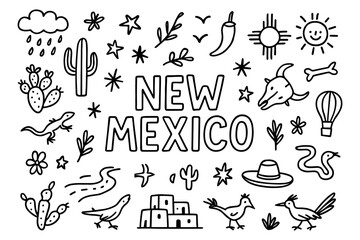 New mexico-themed doodle collection featuring iconic southwestern symbols in black and white