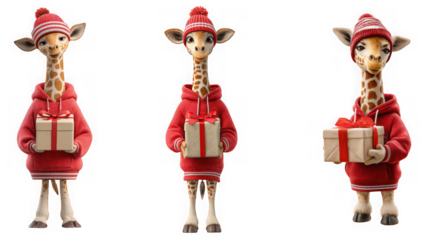 Three adorable cartoon giraffes in red sweaters and hats holding christmas gifts isolated on transparent background, perfect for holiday greetings