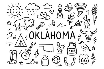 Oklahoma doodle collection with state icons and nature symbols