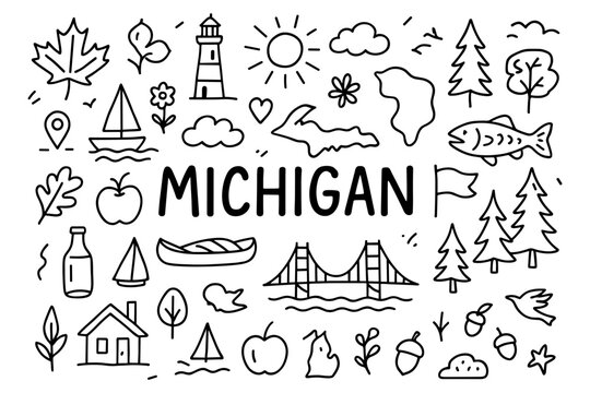Michigan doodle art: state symbols and icons in linear style