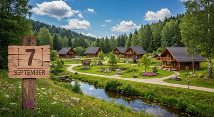 A scenic view of wooden cabins nestled in a lush green valley with a stream, under a partly cloudy sky, with a sign indicating September 7th.