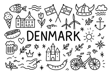 Fototapeta premium Denmark icons set with viking helmet, windmills, and famous danish symbols in linear style