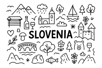 Fototapeta premium Slovenia doodle art: iconic landmarks and nature elements in simple outline design