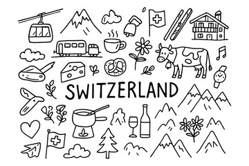 Charming doodle collection of swiss symbols and landmarks featuring mountains and cheese