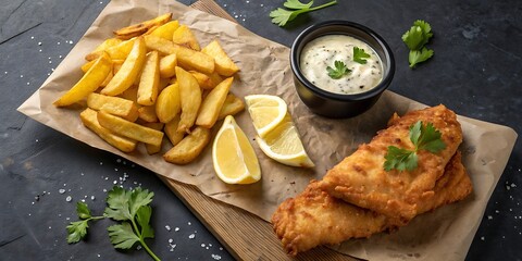 Delicious fried fish and chips with lemon wedges and tartar sauce on a wooden board