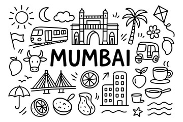 Obraz premium Mumbai landmark doodles featuring gateway, train, and local icons in black and white