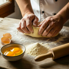 chef kneading dough on rustic wooden table
