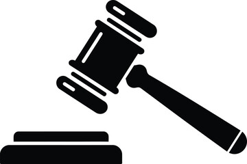 A black icon of a gavel and sound block on a white background Eps 10