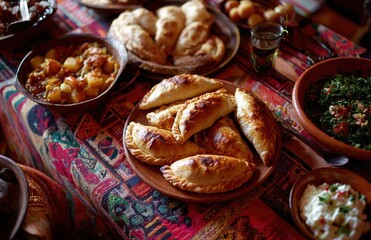 Delicious homemade empanadas filling a plate on a festive table setting
