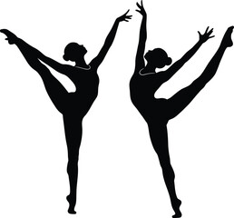Two female ballet dancers in arabesque pose on white background in black silhouette Eps 10