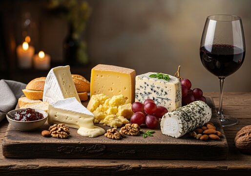A rustic cheese board with a variety of cheeses, grapes, nuts, and a glass of red wine, creating a delicious and inviting arrangement.
