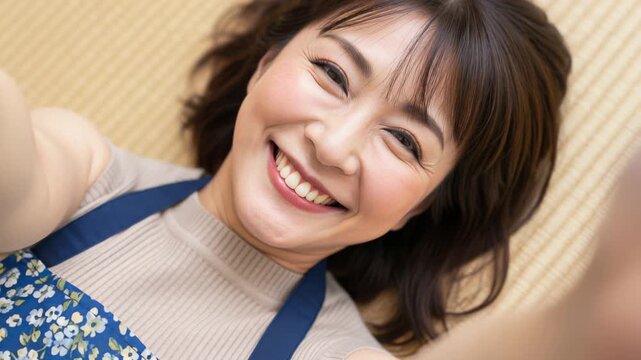 畳に寝転がって自撮りをしている、無防備な笑顔の50代主婦